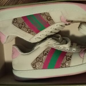 Gucci Beige Sneakers with Pink and Green Accents